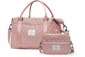 SEAFEW Bolsa de Deporte para Gimnasio para Mujer, Bolsa de Viaje, Bolsa Equipaje de Mano 55x40x20, Bolsa de Fin de Semana, Deporte Nocturno Duffle con Bolsa de Baño, D2-Rosa (con Neceser)