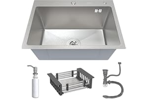 ANW HOME Lavello da cucina 60x45 cm con sifone, scolapiatti e dispenser di sapone da 350 ml, lavello da cucina in acciaio inossidabile 304 con 2 fori per rubinetto, lavello a montaggio a una vasca