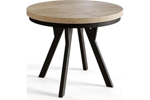 AlpiMeble Runder Esszimmertisch EVO, ausziehbarer Tisch Durchmesser: 90 cm bis 190 cm, Wohnzimmertisch Farbe: Halifax, mit Holzbeinen in Farbe Schwarz