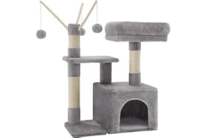 FEANDREA Cat Tree, Small Cat Condo, 72 cm, 3 Pompoms, Light Grey PCT121W01