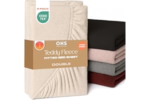 Brentfords 2 Pack Double Bed Sheets, Soft Warm Thermal Teddy Fleece Fitted Sheet Deep Pocket 25cm Fade Resistant Cuddly Cosy Fluffy Teddy Bear Bedding Double 2 Pack, Cream Beige