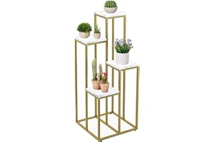 Relaxdays Stojak na kwiaty, 4 półki, wys. x szer. x gł.: 100 x 40 x 40 cm, zajmuje mało miejsca, stal i płyta MDF, designerska półka na kwiaty, złoty/biały