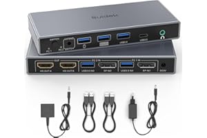 SUIDEK Commutateur KVM DisplayPort Double Écran pour 2 PC-Convertisseur DP Entrée/HDMI Sortie 4K@60Hz-4 Ports USB partagés entre 2 ordinateurs DP avec écrans HDMI doubles- Inclus adaptateur secteur 5V