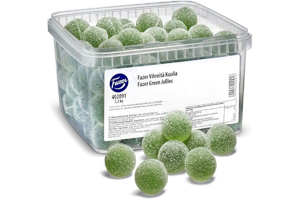Fazer Vihreitä Kuulia – låda 2,2 kg – 4,8 lb – gröna geléer – original – finska – gelébönor (päron) – bulk – uppslagen – godis