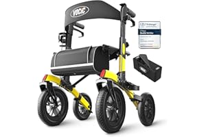 VOCIC Deambulateur 4 roues pliable leger pour personnes âgées,Deambulateur avec assise et panier,Déambulateur en aluminium réglable en hauteur pour l'extérieur et les voyages,Jaune(Garantie 5 ans)