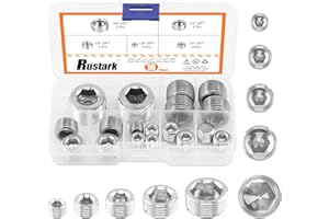 Rustark 18 Pcs 304 Stainless Steel Pipe Plugs Assortment Set with 1/8" 1/4" 3/8" 1/2" 3/4" NPT Pipe Fitting, Countersunk Thread Internal Hex Head Male Plug for Water Pump Ports