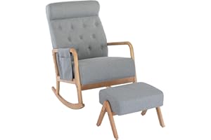 SUPPNEED Mecedora con otomana, mecedora para habitación infantil, de tela acolchada, para interior, con respaldo alto, para salón (gris claro)