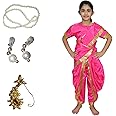 Kaku Fancy Dresses Silk & Polyester Marathi Farmer Girl Lavni Folk Dance Farmer Costume Saree With Jewellery For Kids - Magenta, 3-4 Years