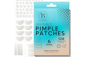 BLOOMORA Unsichtbare Pickel Patch Groß, Hydrokolloid Pflaster für Akne, Pimple Patches für das Gesicht, Akne Patch, Halbmond, Rechteck, Oval (6 Größen, 128 Stück)