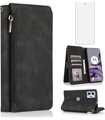 Asuwish Phone Case For Motorola Moto G53 5G/G13/G23 Wallet Cell Cover With Tempered Glass Screen Protector Crossbody Strap Flip Zipper Card Holder Slot Stand G 13 23 4G 53G 53 Women