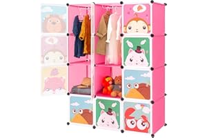 ‎BRIAN & DANY BRIAN & DANY Erweiterbares Kinderregal Kinder Kleiderschrank Stufenregal Bücherregal mit Türen & 2 Aufhängern, tiefere Fächer als normal (45 cm vs. 35 cm), 110 x 47 x 147 cm Rosa