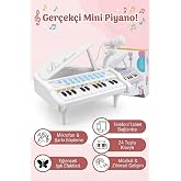 Mikrofonlu 24 Tuşlu Pembe &Ccedil;ocuk Piyanosu - Telefon Bağlantılı Eğitici Işıklı Org M&uuml;zik Seti