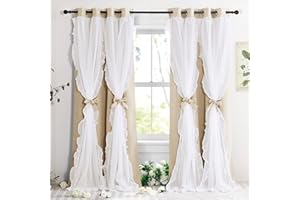 PONY DANCE Biscotti Beige Curtains for Girls Bedroom, Decorative Double Layer Curtains with Ruffle Sheer Overlay for Kids, Pretty Chic Princess Dreamy Ambiance Room Darkening Drapes 52x54 inch, 2 PCs