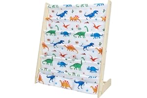 wooshwa Libreria Montessoriana per Bambini,Scaffale a 5 Livelli in Tessuto per Bambini,Librerie per Camerette con 3 Tasche con Maniche Profonde,63 * 30 * 73cm (Dinosauro colorato)