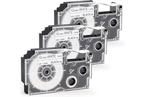 Invoker–Cintas de Etiquetas compatible para usar en lugar de Casio XR-12WE XR-12WE1 Cassete 12mm x 8m, para Casio KL-60 70e 100 100e 120 200 200E 300 750 780 820 2000, Negro sobre blanco, pack de 3