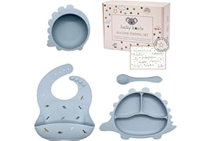 Lucky Koala® Set da tavola Dinosauro I Piatto per bambini con ventosa, ciotola, bavaglino, cucchiaio I Silicone di qualità per alimenti I Set pappa svezzamento I Confezione regalo