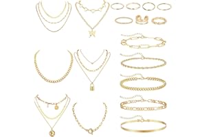 DAVBNM 17Pcs Gold Silver Jewelry Sets Rings Bracelets for Women Layered Necklace Chunky Knuckle Rings, Women's Jewellery Set, Fashion Necklace Stack Waterproof Gold Jewellery Set for Women