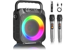 Karaoke Machine, Wowstar Karaoke Machine with 2 Wireless Microphones, Portable Bluetooth Speaker with PA System Support TF Card/USB, AUX in,TWS, Colorful LED Lights Ideal for Party/Adults/Kids, Black