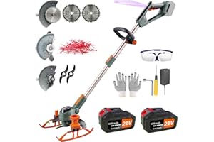 YUEWXTER Rasentrimmer mit Akku (21V 2x4.0AH Akku und Ladegerät, Hilfsgleitrad, 90° Drehkopf, Teleslopstiel, Includes 2X Sägeblätter, 2X Metallmesser, 20x Trimmerfaden) freischneider ​akku