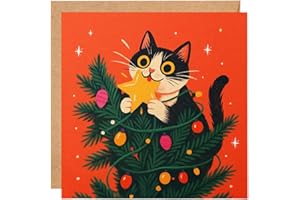 LOVOBIRD Funny Cat Christmas Card - Cute Festive Xmas Card with Tree and Star - Perfect for Cats Lovers, Friends or Family - Adorable Holiday Greeting Card with Kraft Envelope