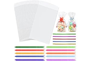 FRENDOUR Cellophane Bags,100pcs (6 x 10 Inches) Cellophane Bags with 100pcs Colorful Pull Bows & 100pc Colorful Ties,Flat Bottom Sweets Clear Bags for Present Packaging of Christmas, Halloween, Birthday.