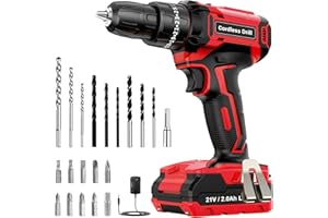 Cordless Drill 21V, LEEIKOO Electric Drill 42N.m, 25+3 Torque Set, 2-Speed, LED Light, 2.0AH Battery, 24PCS Cordless Hammer Combi Set for Home and Garden DIY Project - Red