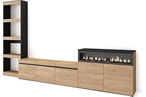 Skraut Home | Muebles de Salón para TV | Conjunto de Muebles Comedor | 310x186x35cm | para TV hasta 65" | Chimenea eléctrica | Estilo Moderno | Roble y Negro