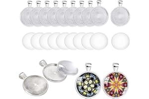 HERZWILD 20 Sets Round Bezel Pendant Trays, Alloy Blank 25mm Diameter with Transparent Glass Cabochon Settings for Cameo Photo Necklace Jewelry Making. (Silver A)