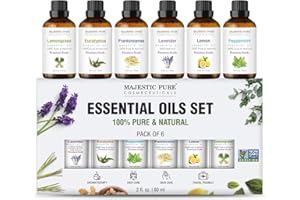 Majestic Pure 100% reines ätherisches Öl-Set – 6 x 10 ml (Pfefferminze, Lavendel, Eukalyptus, Teebaum, Zitronengras) für Diffusoren, Aromatherapie, Kerzen, Luftbefeuchter