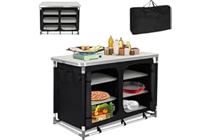 XINZI Armoire de cuisine de camping pliable avec structure en aluminium, compartiments de rangement et sac de transport - Pour pique-nique, camping, barbecue