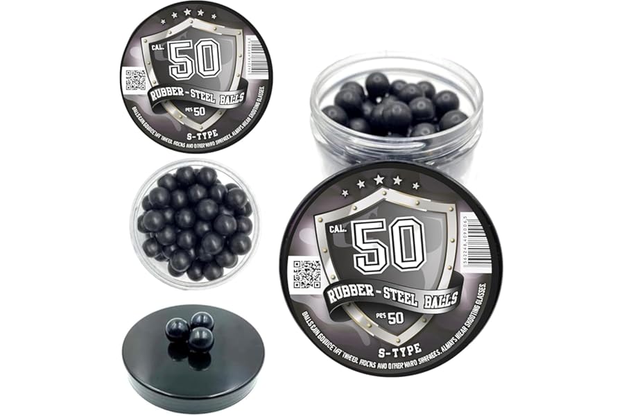 50 pcs. Premium Quality Hard Mix Rubber Steel Balls 2.7 Grams Heavy Reusable Ammo Projectiles Paintballs Reballs Powerballs for Shooting Training Home and Self Defense Pistols in 50 Caliber (S-TYPE)