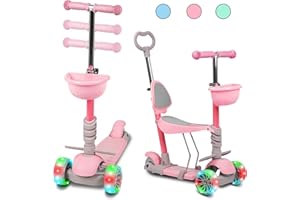 GURYON 3 Wheels Kids Kick Scooter for age 3-8, 5 in 1 Baby Scooter with Flashing Led Wheels, Removable Seat and Back Rest for Boys and Girls Toddlers
