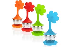 COM-FOUR® 4x Infuser à thé en acier inoxydable et silicone - passoire à thé avec couvercle et soucoupe - infusers à thé (04 pièces - fleur)