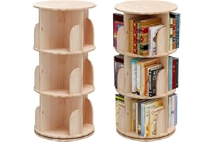 PTUWODS Drehbares Bücherregal, Standregal, 360 Grad, Lagerregal für Kinder und Erwachsene, multifunktionales Bücherregal Massivholz (3 böden)