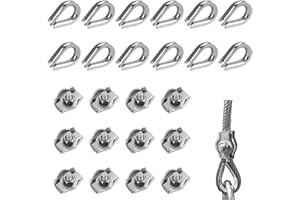 WUGU 12 Set Drahtseilklemme 2mm, Seilklemme Drahtseil Edelstahl, Drahtseilklemme 304 Edelstahl, Drahtseil Clip, für Stahlseil Wäscheleine Markise Fixiert(12*Kauschen, 12*Duplex Klemme)