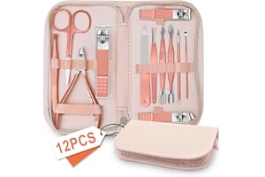 BLESWIN Kit de Manucure Pedicure, Trousse Manucure Femme et Hommes, Coupe Ongle Pied, Kit Manucure Pedicure Professionnel, Kit Coupe Ongle Avec étui en Cuir or Rose pour le Voyage et la Maison, Set 12 en 1