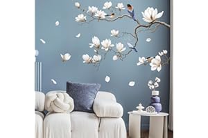 SHUCHING Pegatinas de Pared Flor Blanca, Vinilos Decorativos Flores de Magnolia, Vinilo Adhesivo Pared Salón Dormitorio Habitación(Derecha)