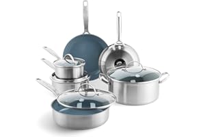 GreenPan Treviso Set di 10 Pentole e Padelle in Acciaio Inox con Rivestimento Ceramico Antiaderente Sano, Padella, Casseruola e Tegami, senza PFAS, Induzione, Forno e Lavastoviglie, Argento
