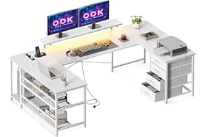 ODK Biurko narożne z wieloma gniazdami, biurko do gier z diodami LED i podstawką do monitora, 167 x 102 cm, czysta biel
