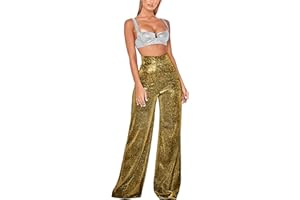 HAOHON Glitzer Hose Damen Schwarz Pailettenhose Weite Hose mit Pailletten High Waist Hose Glitzerhosen Elegant Mesh Freizeithose Frauen Party Festival Club Kostüm Glitzer Hose Silber Gold Weiße Blau