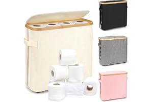 YIK TUNG 32L Toilet Paper Containers Bamboo, Toilet Roll Storage with Lid, Bathroom Storage Box, Toilet Paper Basket, Multifunctional Storage Basket - White