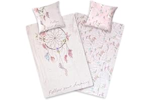 ‎AMINATA KIDS Aminata kids Bettwäsche Traumfänger 135x200 Mädchen Biber warm, weich & kuschelig mit Reißverschluss - Flanell Baumwolle - Mädchen Jugendliche Dreamcatcher Kinder Motiv Feder Indianer