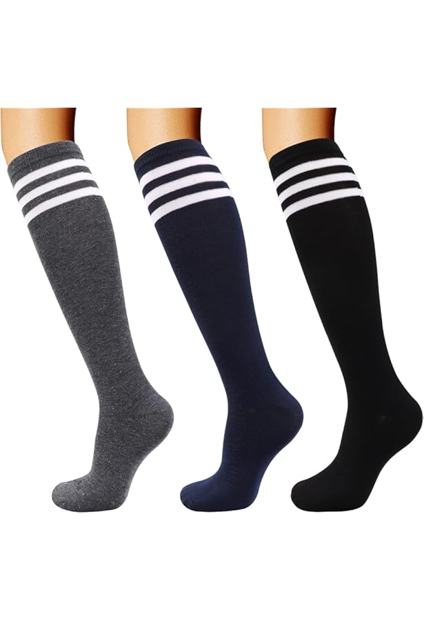 KUMSODE Lot De 4 Paires Chaussettes Hautes Femme – Longues Cuisse Avec Rayures & Uni