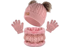 Chstarina Conjunto de Bufanda y Gorro y Guantes Bebe,Gorro de Punto Térmicos Guantes y Bufanda con Forro Polar, Invierno Cálidos Beanie Bufanda Sombreros y Guantes con Pompon para Niños, Niñas