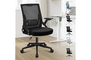 ELFORDSON Ergonomic Office Chair, Mid-back Desk Chairs for Home Office, Height Adjustable Swivel Mesh Computer Chair with Flip-up Armrests and Lumbar Support, Black