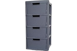 ALEEZ - Large Plastic Drawer Storage Unit - Rattan Effect 4 Drawer Cabinet - Multipurpose Storage Organiser - Office, Tabletop Desktop Drawer - Bedroom Chest Drawer Unit - (Grey, 4 Drawer)