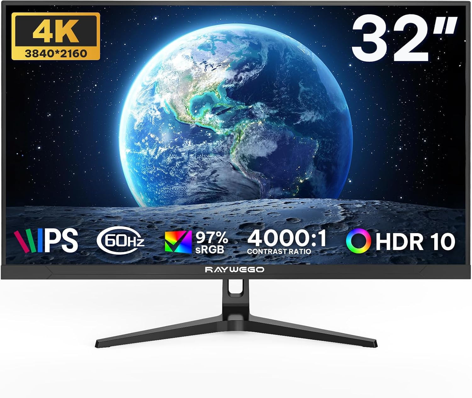 Raywego 4K 32-Inch Office Monitor, IPS Panel, 97% sRGB, Eye-Care Monitor with Slim Bezel, VASE&HDMI, UHD 3840 x 2160p, 60HZ for Gaming and Work