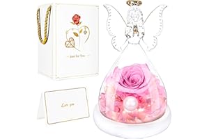 BoriYa Ángel Rosa Eterna - Flor Eterna con Luz LED y Perlas, Rosa Eterna Natural Preservada en Cupula de Cristal, Originales Angeles Forever Rose Regalo San Valentin para Mujer, Amigos, Madre, Abuela