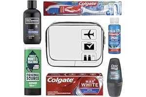 PHELEAM Men’s Travel Toiletries Set– Airport Security Approved, Clear Travel Bag, Shampoo, Shower Gel, Anti-Perspirant Roll On Deodorant, Toothpaste, Mouthwash, Foldable Toothbrush. Perfect For Holidays