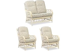 DESSER & CO LTD THE HOME OF RATTAN FURNITURE SINCE 1919 Desser Morley Rattan Conservatory Furniture Set – 2 Seater Sofa & 2x Armchairs – Luxury Indoor Real Cane Wicker Chair & Settee Suite with UK Manufactured Cushions – Premium Arkansas Fabric